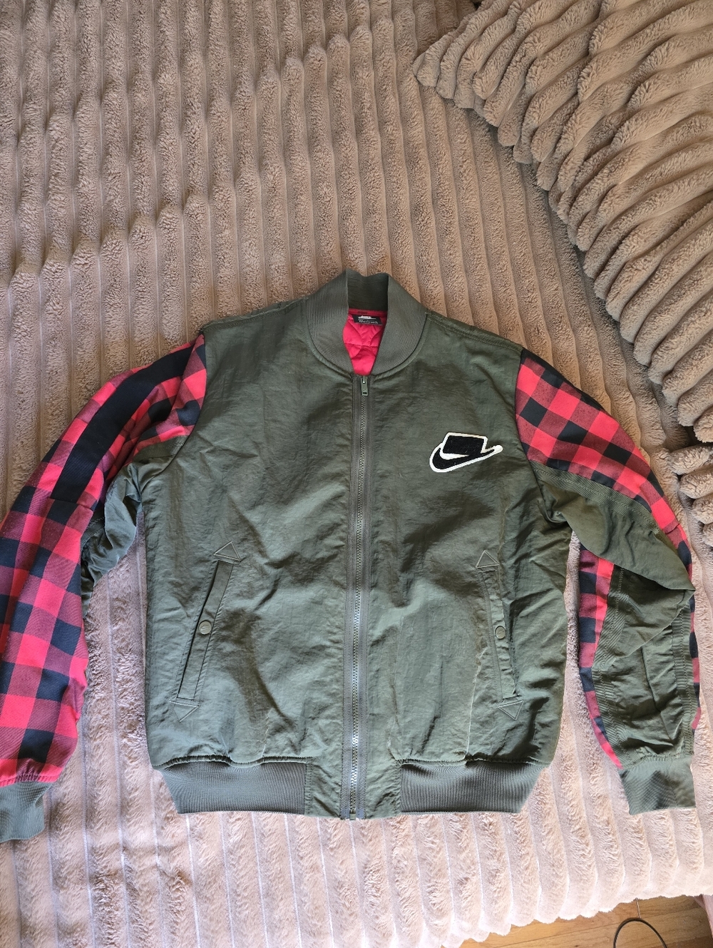 Nike Olive Green Bomber Jacket with Red Plaid Sleeves